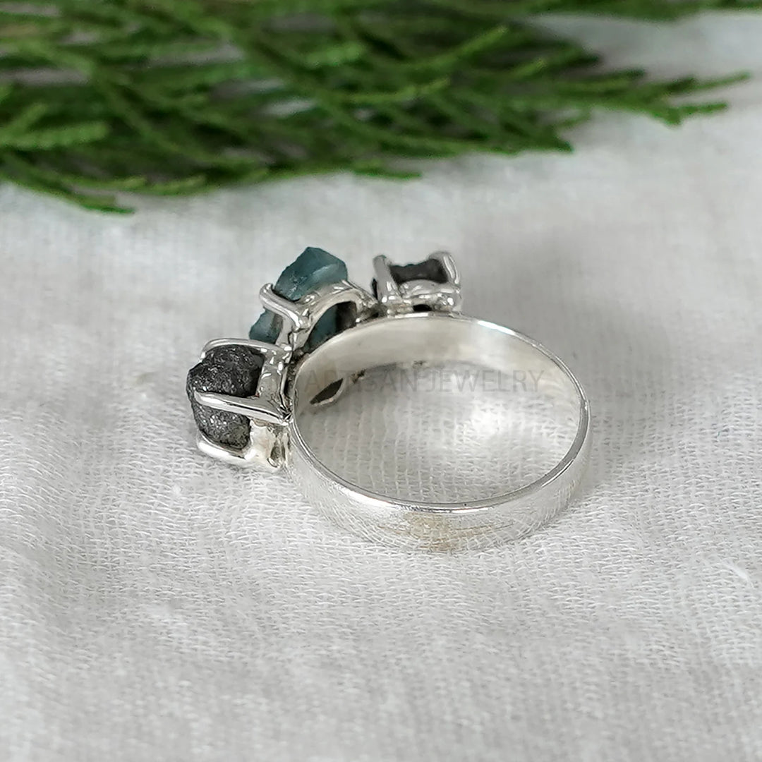 Raw Aquamarine Diamond Ring: Sterling Silver Crystal Stacking Ring