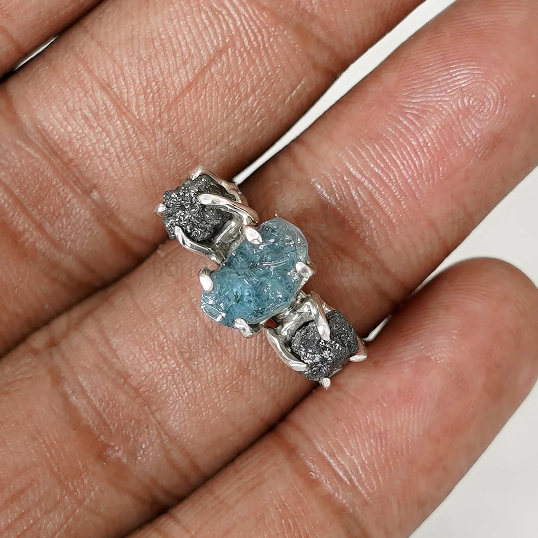 Raw Aquamarine Diamond Ring: Sterling Silver Crystal Stacking Ring