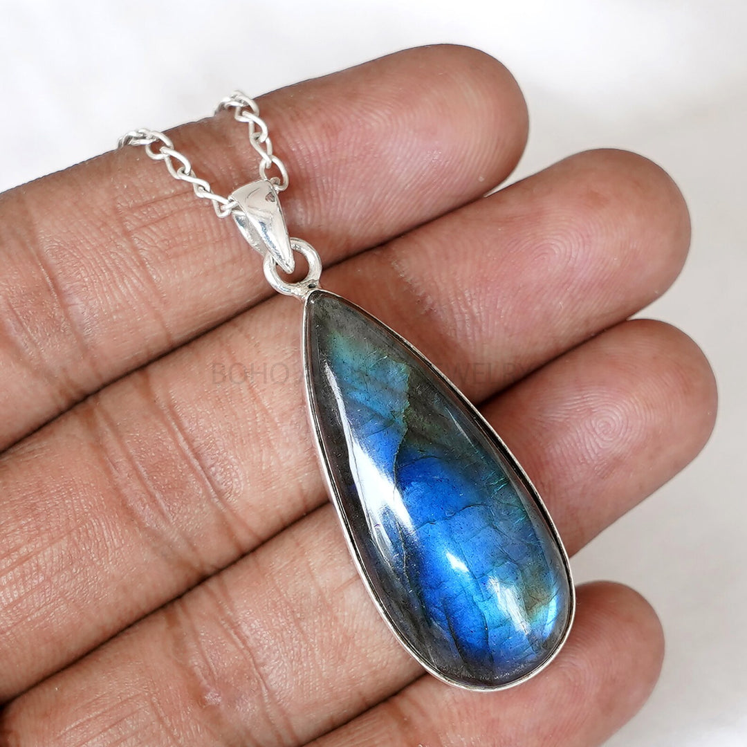 Blue Fire Labradorite Cabochon Pendant: 925 Sterling Silver Boho Charm