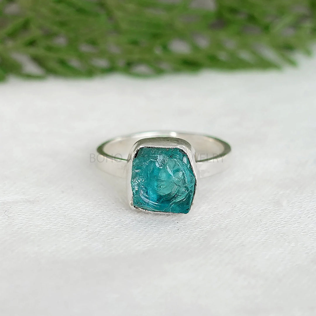 Raw Blue Apatite Ring: Sterling Silver Boho Ring, Handmade Jewelry
