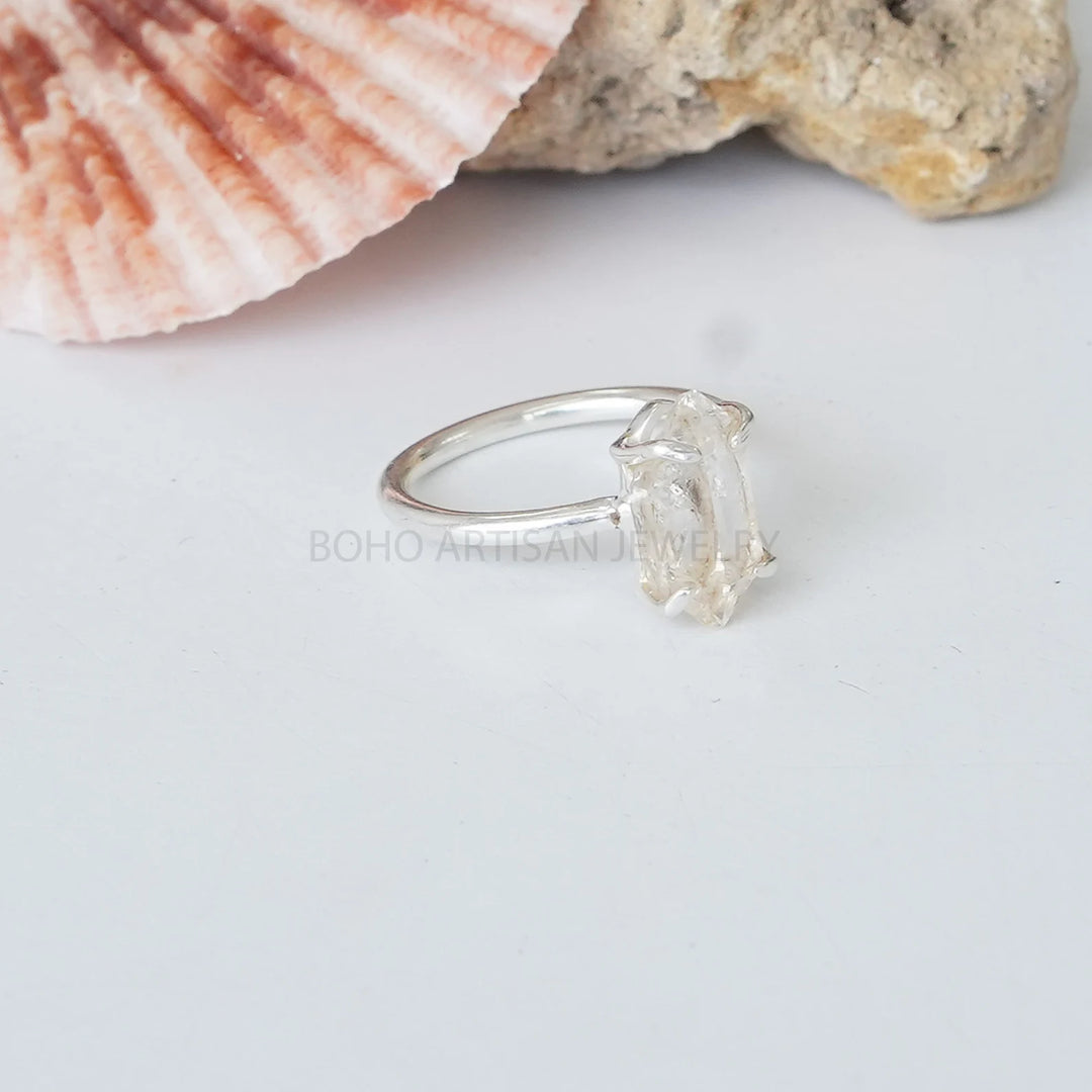 Handmade Herkimer Diamond Ring: Raw Quartz Sterling Silver Band