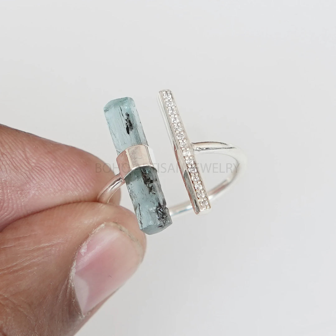 Raw Aquamarine Sterling Silver Ring: CZ Accent, Adjustable Boho Band