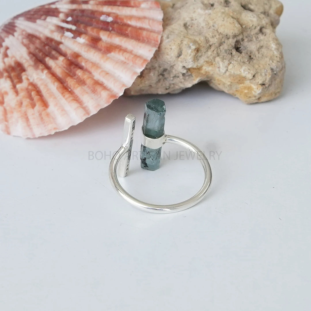Raw Aquamarine Sterling Silver Ring: CZ Accent, Adjustable Boho Band