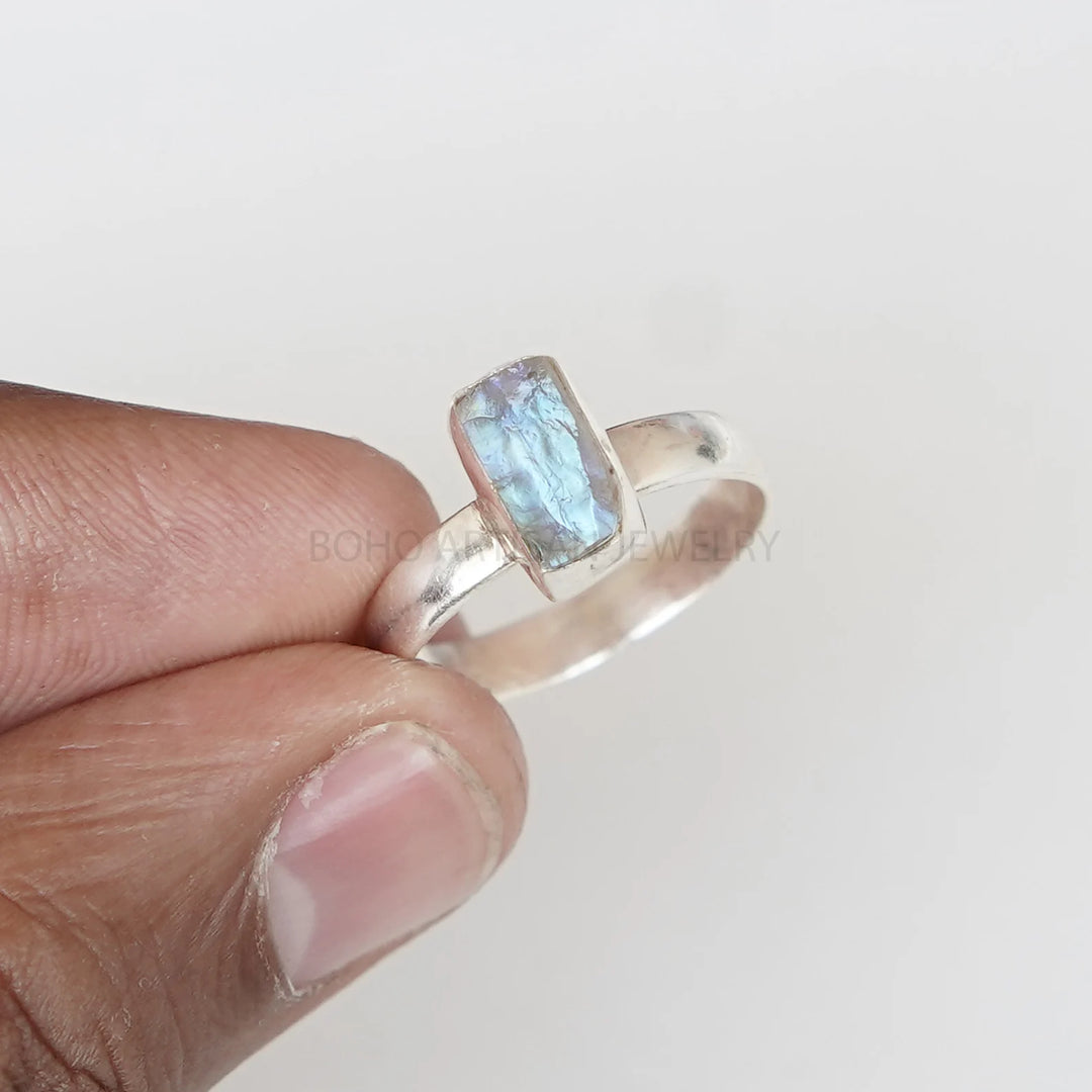 Raw Rainbow Moonstone Ring: Sterling Silver Boho Jewelry