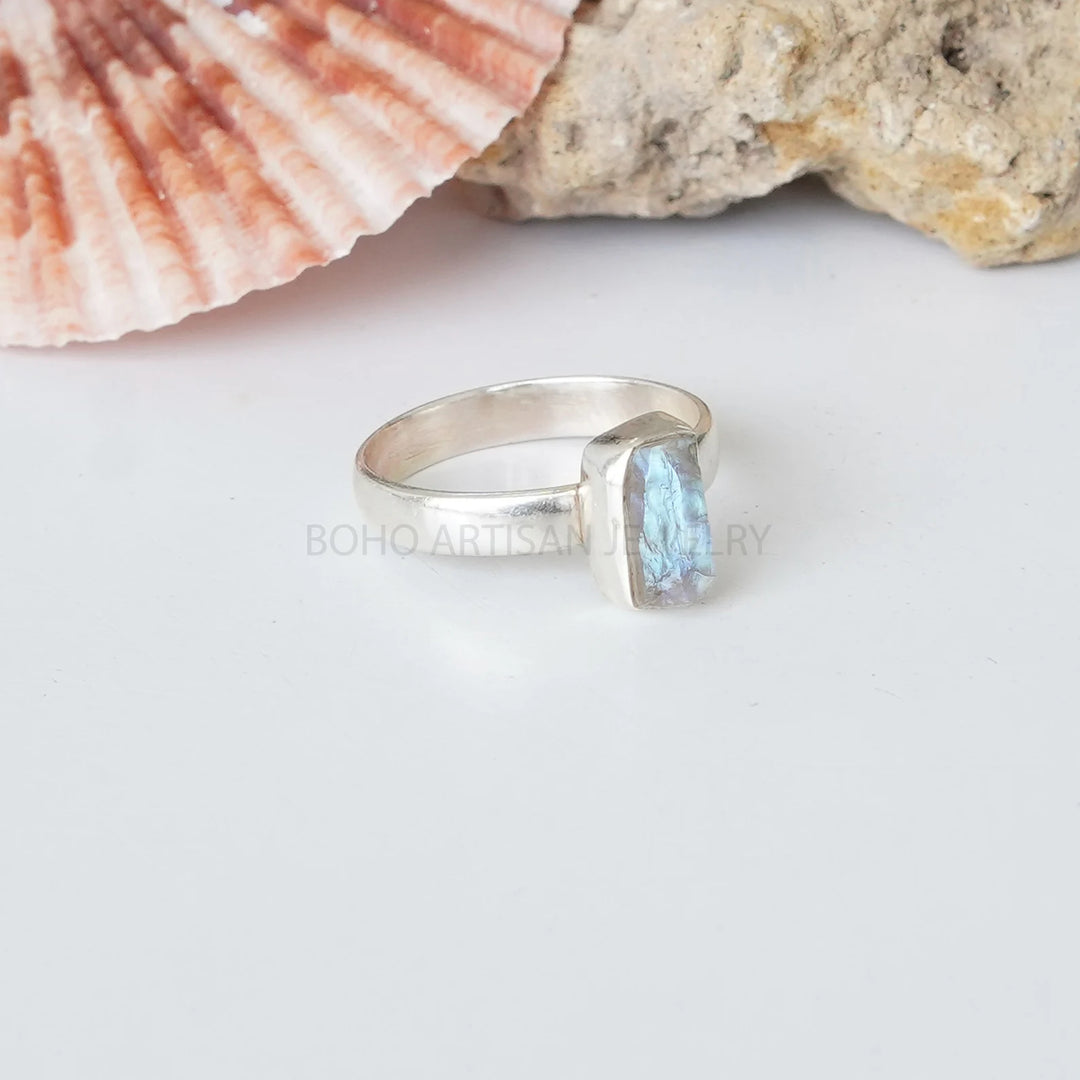 Raw Rainbow Moonstone Ring: Sterling Silver Boho Jewelry
