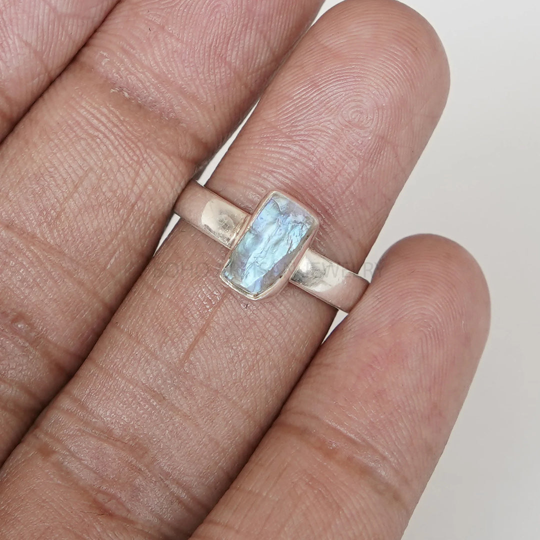 Raw Rainbow Moonstone Ring: Sterling Silver Boho Jewelry