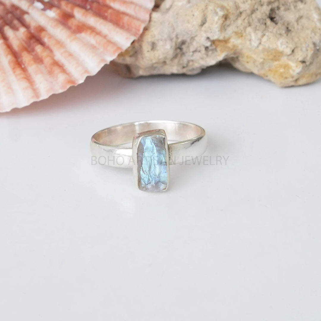 Raw Rainbow Moonstone Ring: Sterling Silver Boho Jewelry