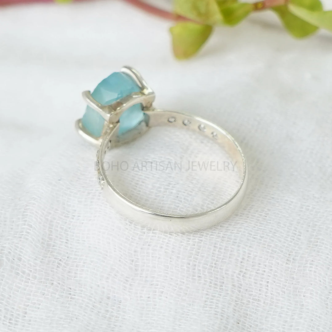 Raw Aquamarine Ring: Sterling Silver, CZ Accents, Handmade Boho Jewelry