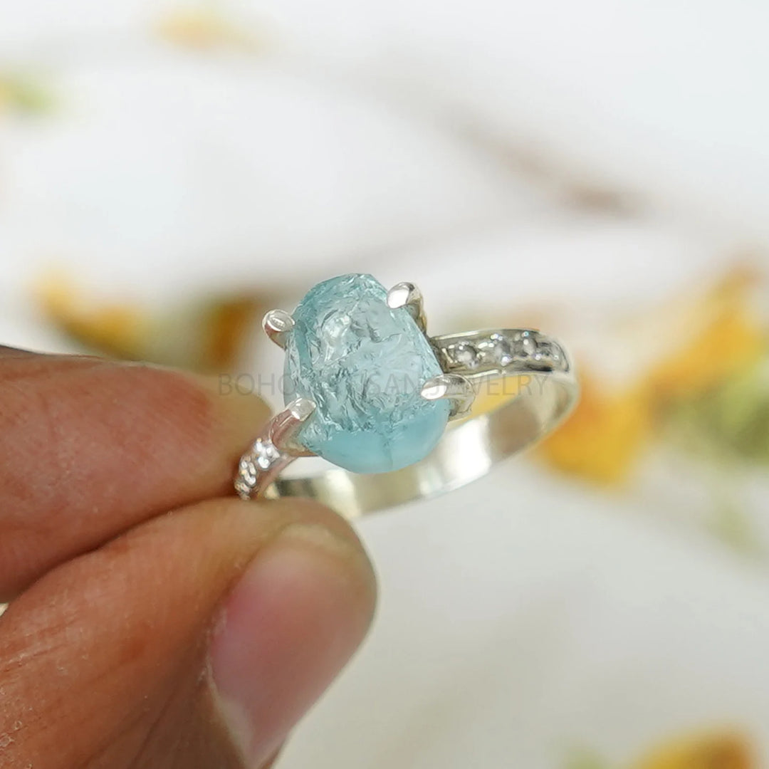 Raw Aquamarine Ring: Sterling Silver, CZ Accents, Handmade Boho Jewelry