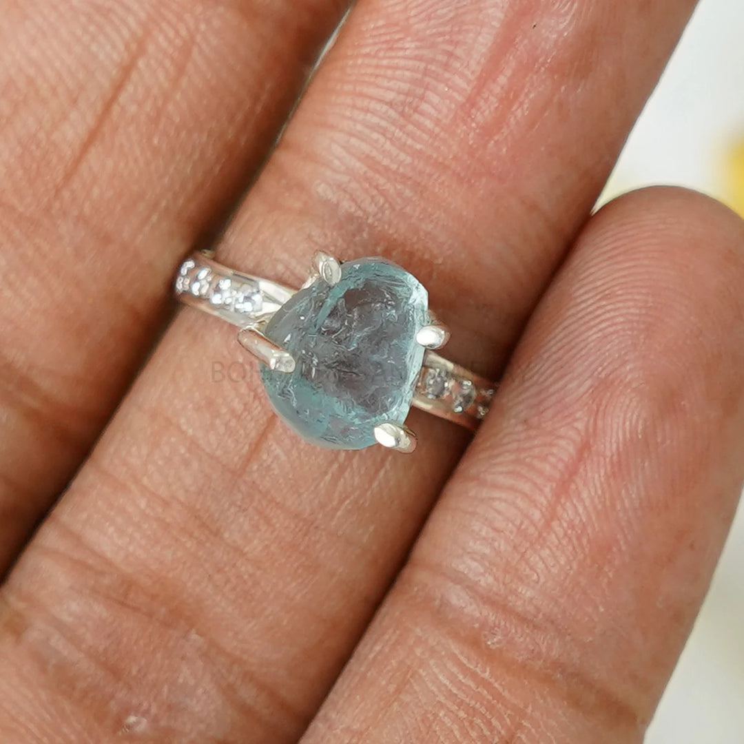 Raw Aquamarine Ring: Sterling Silver, CZ Accents, Handmade Boho Jewelry