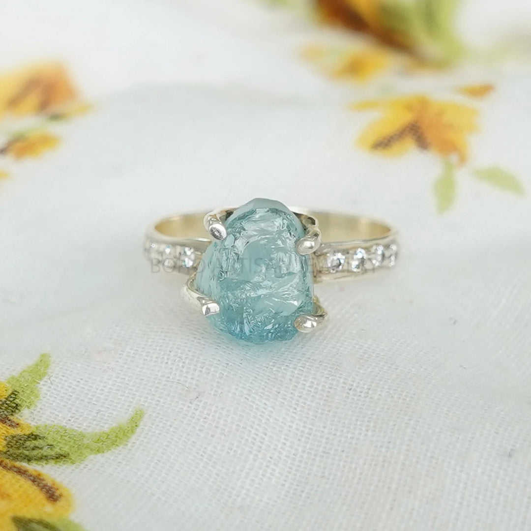 Raw Aquamarine Ring: Sterling Silver, CZ Accents, Handmade Boho Jewelry