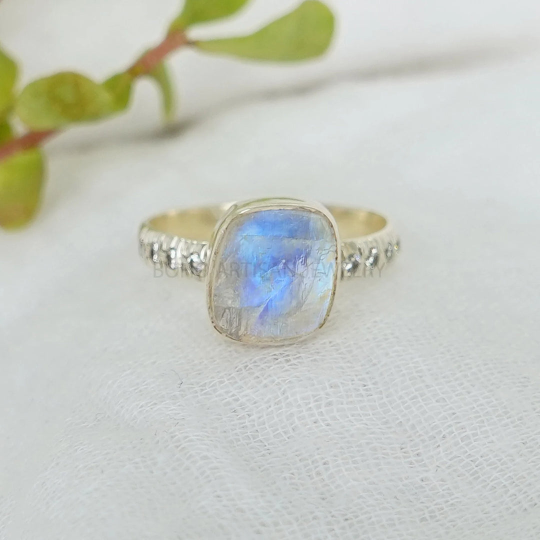 Moonstone Floral Thin Band Ring, Raw Crystal Ring, Silver Handmade Ring, Boho Ring, Blue Fire Moonstone, Rough Stone, July Birthstone Gift