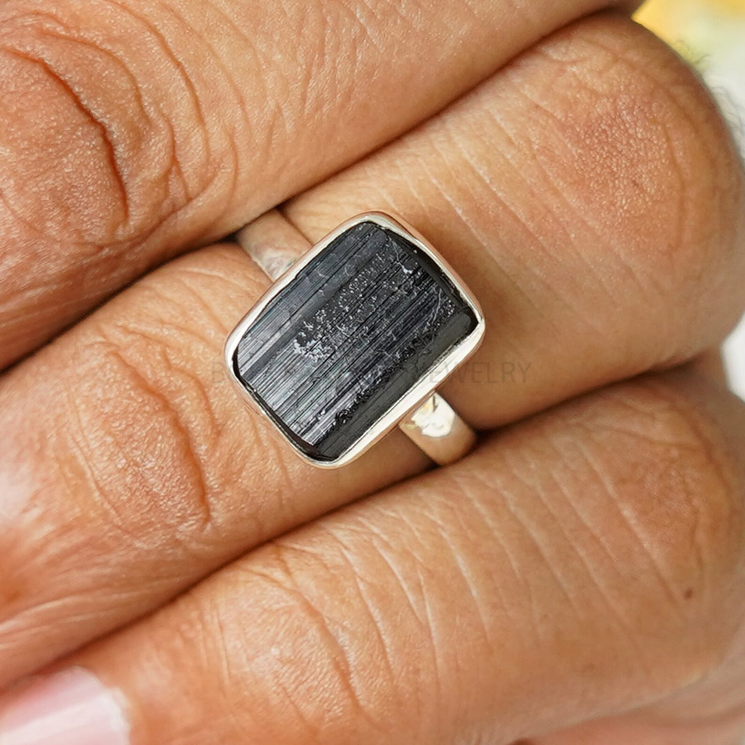 Raw Black Tourmaline Ring: Sterling Silver Boho Jewelry