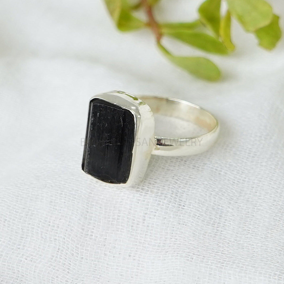 Raw Black Tourmaline Ring: Sterling Silver Boho Jewelry