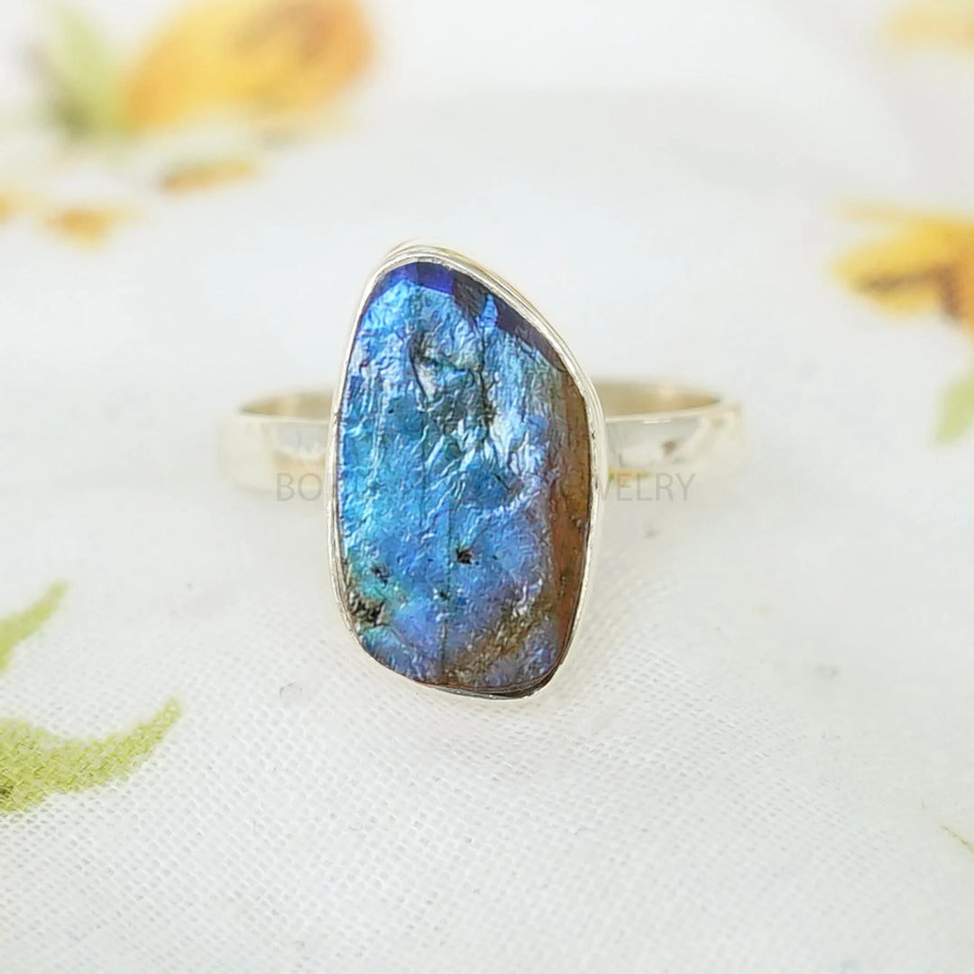Raw Labradorite Sterling Silver Ring: Blue Fire Gemstone, Boho Jewelry
