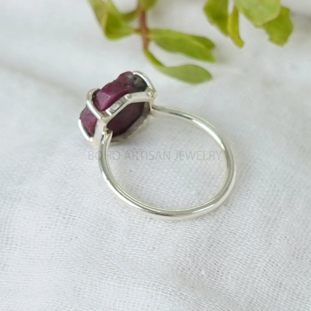 Raw Ruby Hexagon Ring, Ruby Sterling Silver Ring, Handmade Ring, Boho Crystal Ring, July Birthstone, Unique Design Ring - Gift For Her