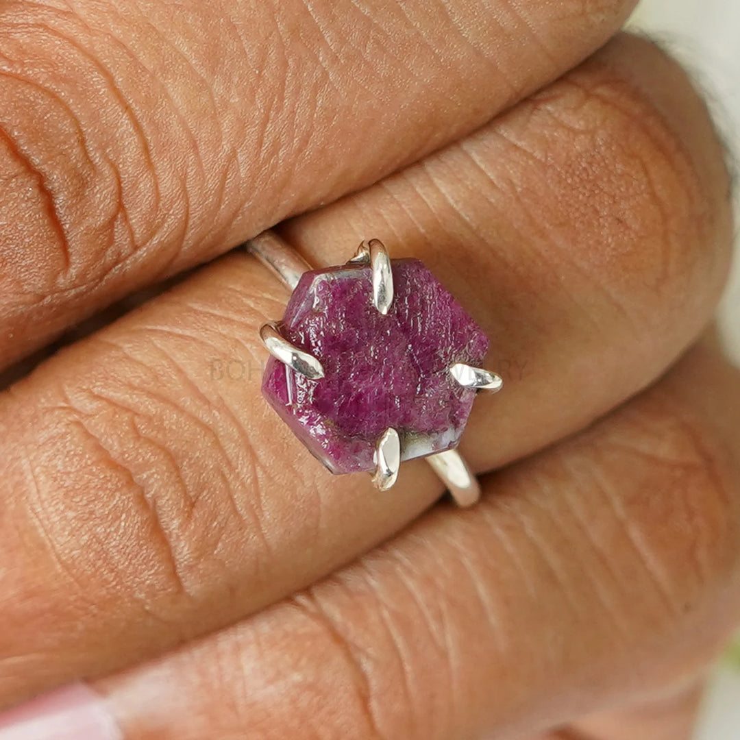 Raw Ruby Hexagon Ring, Ruby Sterling Silver Ring, Handmade Ring, Boho Crystal Ring, July Birthstone, Unique Design Ring - Gift For Her