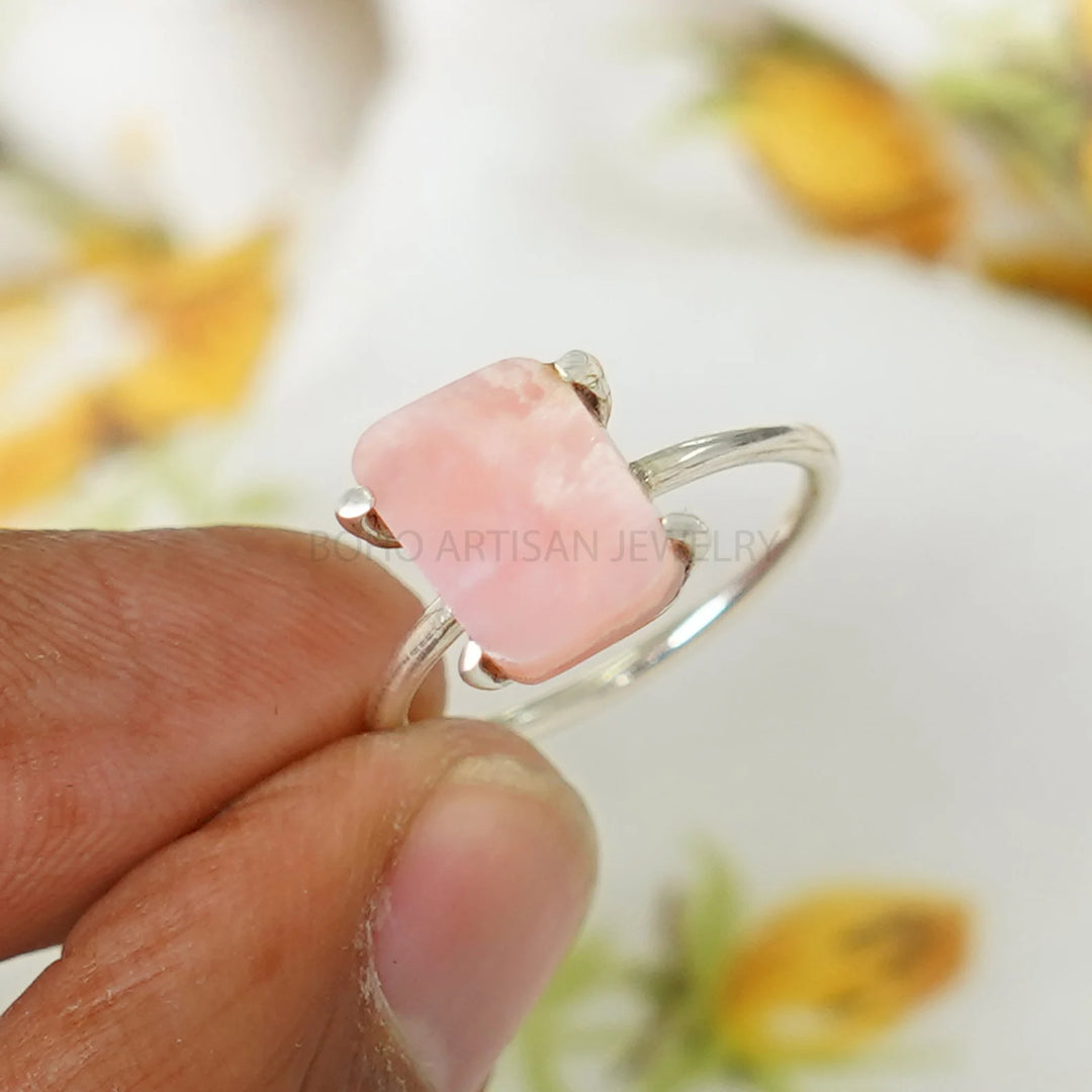 Pink Opal Ring, Opal Polished Slice Ring, Handmade Silver Jewelry, Minimalist Ring, Boho Ring, Stacking Ring - Birthday Gift For Her