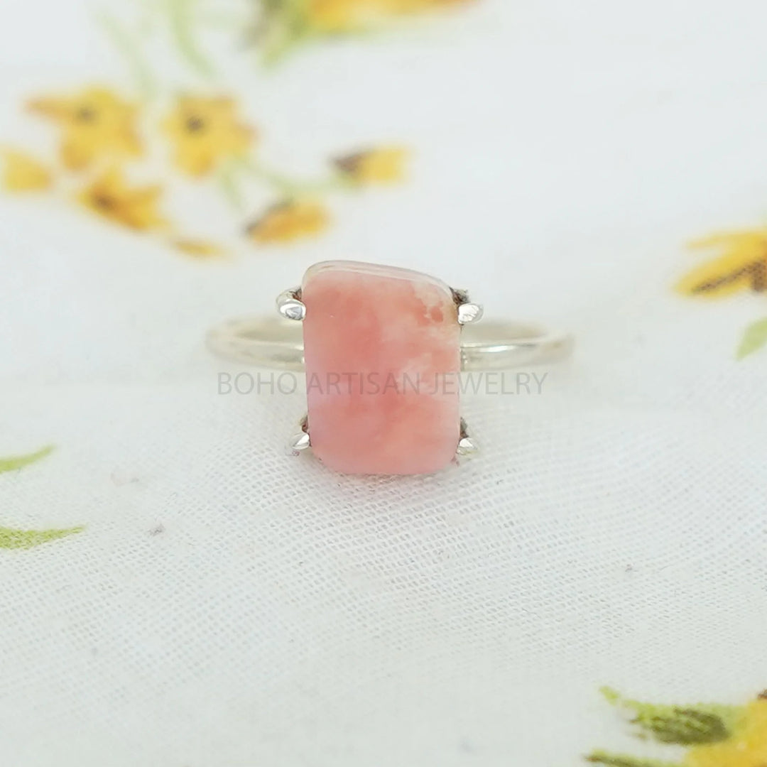 Pink Opal Ring, Opal Polished Slice Ring, Handmade Silver Jewelry, Minimalist Ring, Boho Ring, Stacking Ring - Birthday Gift For Her