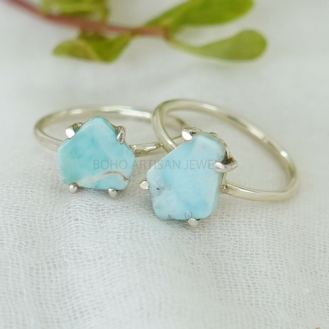 Natural Larimar Ring: Handmade Sterling Silver Boho Jewelry