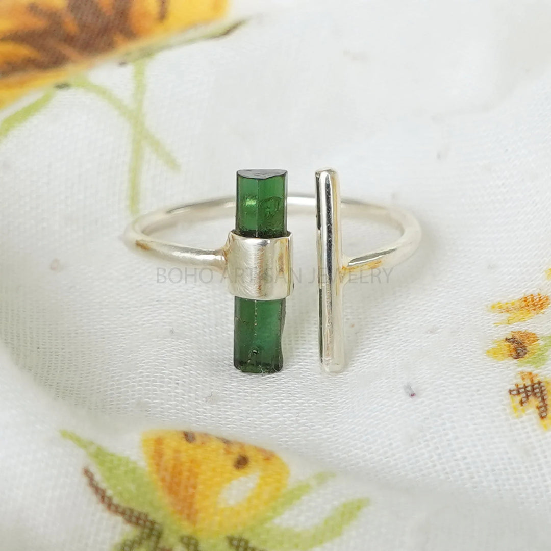 Raw Green Tourmaline Stick Ring, T Ring, Adjustable Bar Ring, Tourmaline Stick Ring, October Birthstone, Raw Crystal Ring, Gift for Her