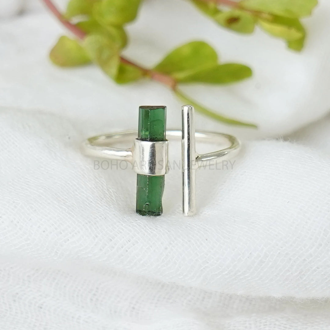 Raw Green Tourmaline Stick Ring, T Ring, Adjustable Bar Ring, Tourmaline Stick Ring, October Birthstone, Raw Crystal Ring, Gift for Her