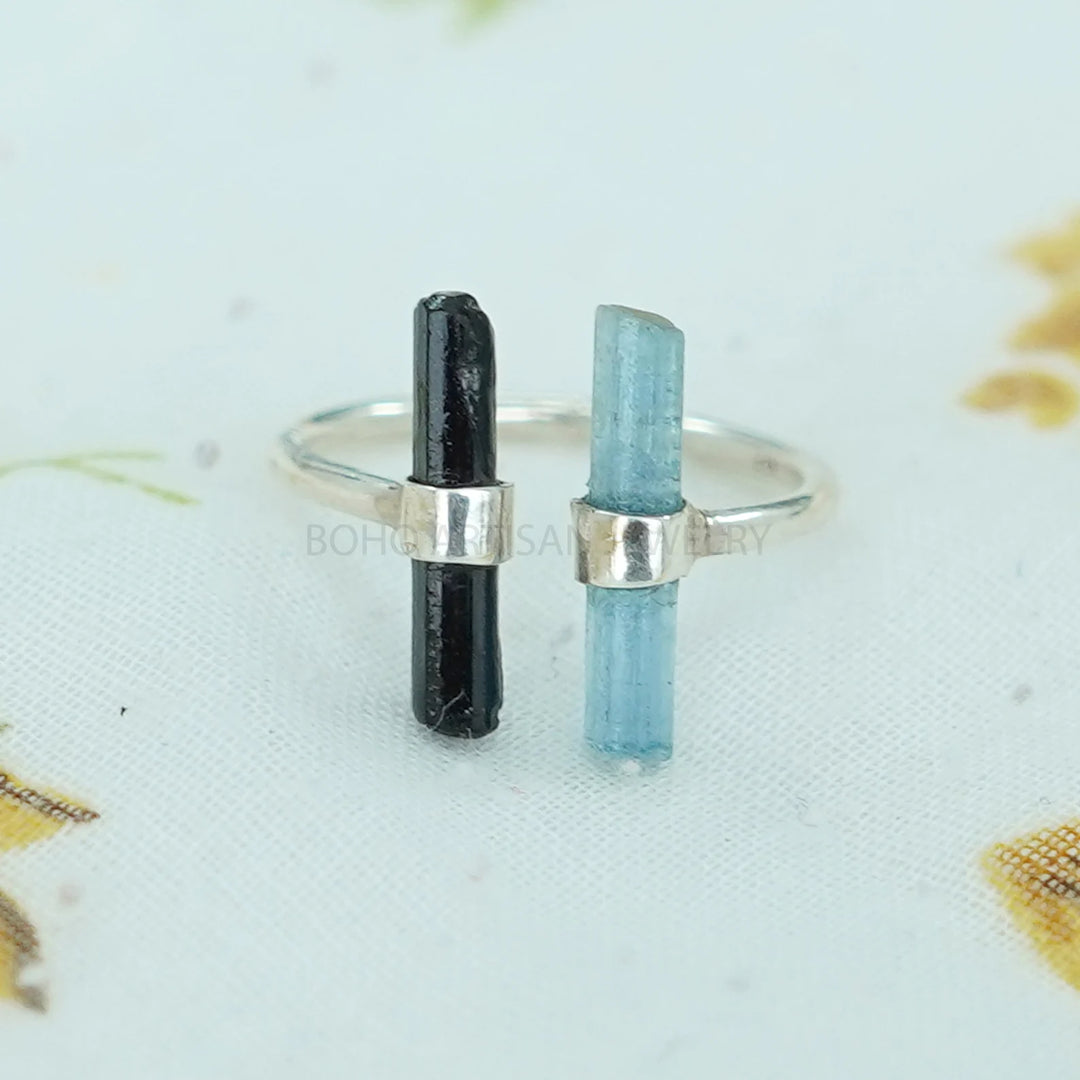 Aquamarine Black Tourmaline Stick Ring, Bar Ring, Long Sticks Ring, Toi Moi Ring, Raw Aquamarine Ring, October Birthstone