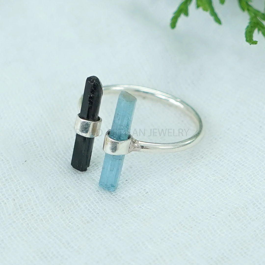 Aquamarine Black Tourmaline Stick Ring, Bar Ring, Long Sticks Ring, Toi Moi Ring, Raw Aquamarine Ring, October Birthstone