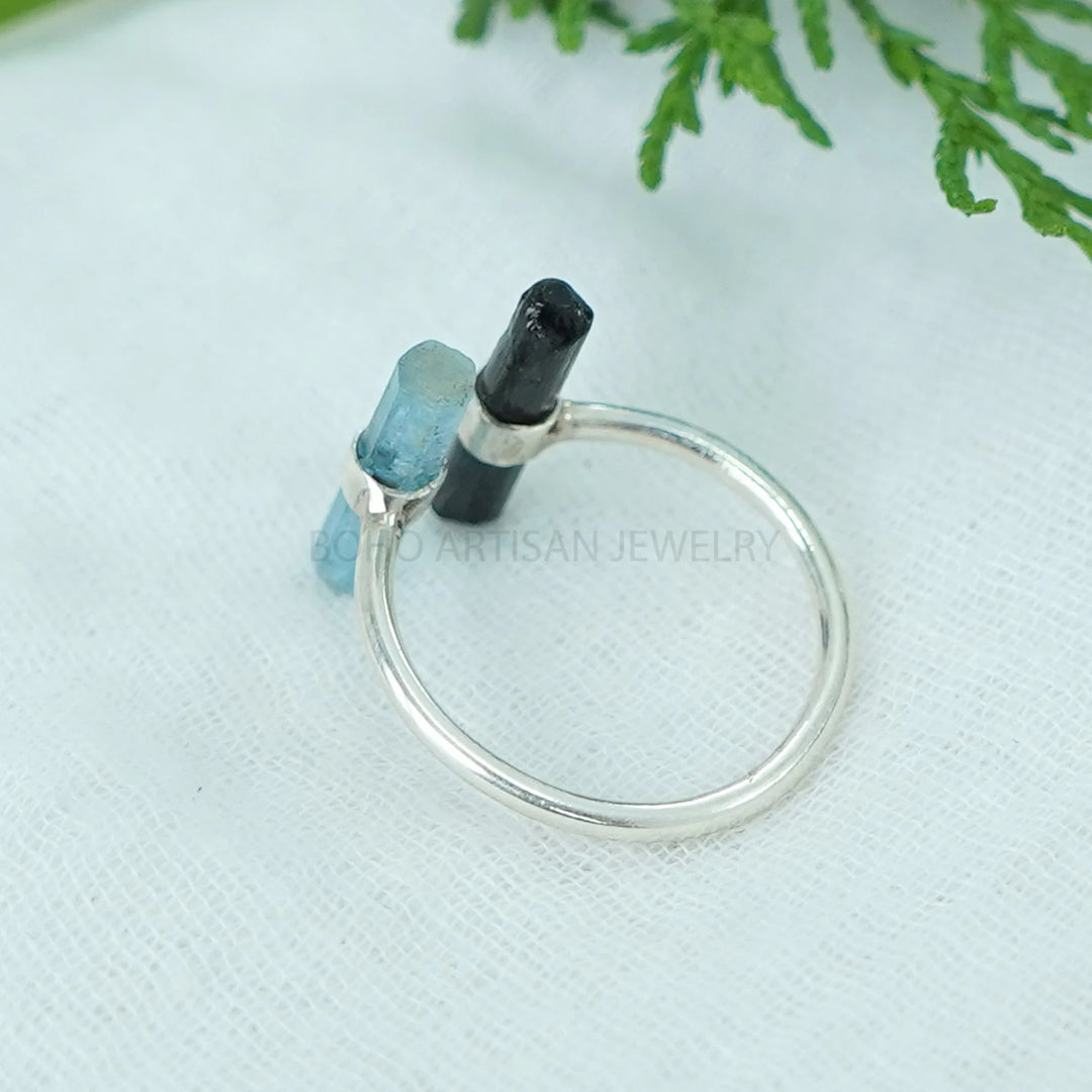 Aquamarine Black Tourmaline Stick Ring, Bar Ring, Long Sticks Ring, Toi Moi Ring, Raw Aquamarine Ring, October Birthstone