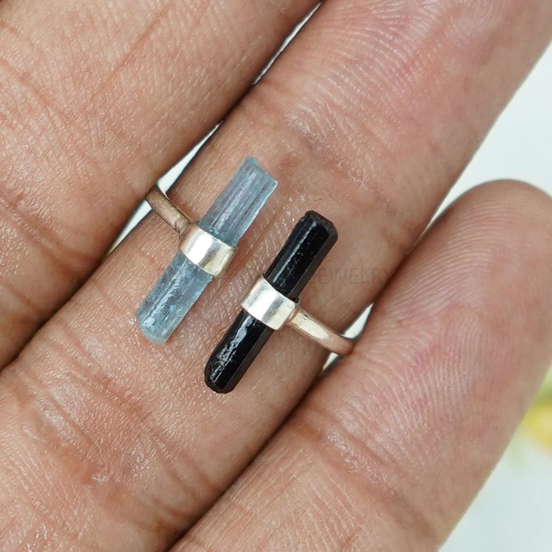 Aquamarine Black Tourmaline Stick Ring, Bar Ring, Long Sticks Ring, Toi Moi Ring, Raw Aquamarine Ring, October Birthstone