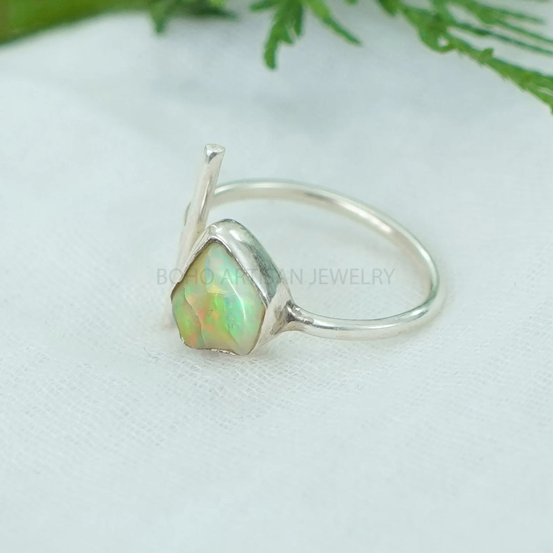 Raw Ethiopian Opal Ring: Sterling Silver Adjustable Band, Boho Jewelry