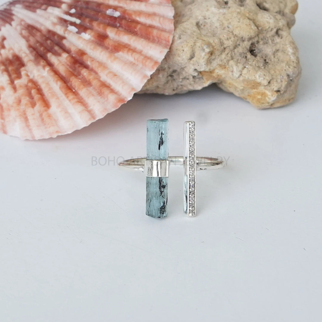 Raw Aquamarine Sterling Silver Ring: CZ Accent, Adjustable Boho Band