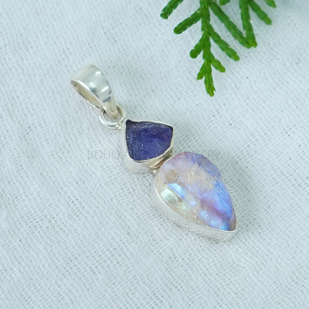 Raw Moonstone Tanzanite Pendant: Sterling Silver Two Stone Jewelry