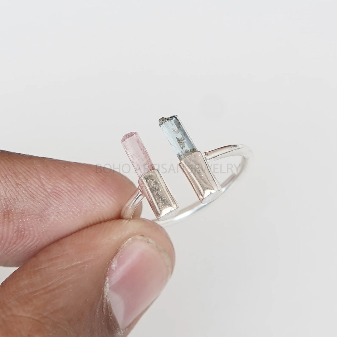 Raw Pink Tourmaline Bar Ring, Aquamarine Pencil Ring, Sterling Silver, Two Stick Adjustable Ring, March Birthstone Jewelry, Raw Crystal Ring
