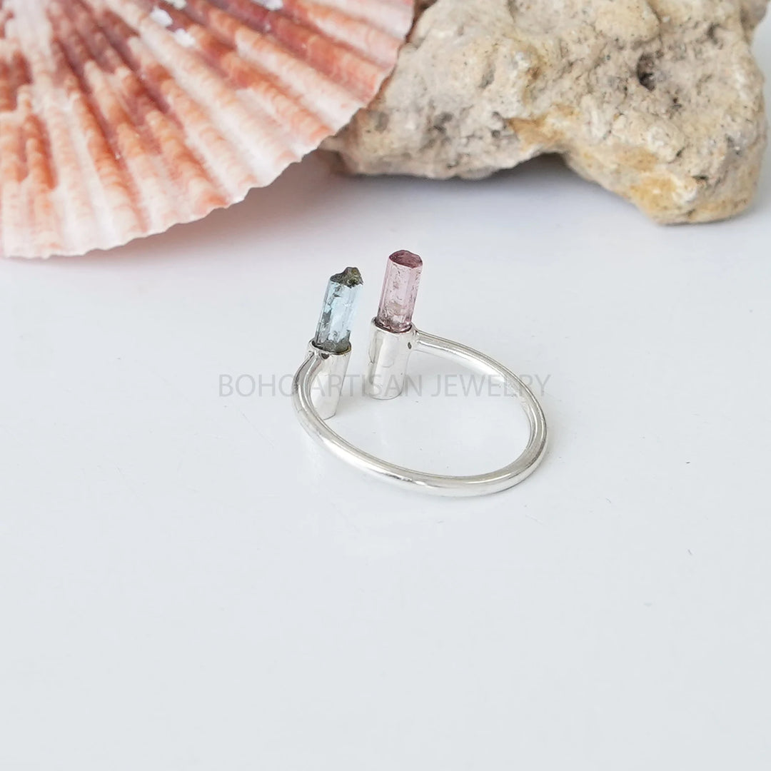 Raw Pink Tourmaline Bar Ring, Aquamarine Pencil Ring, Sterling Silver, Two Stick Adjustable Ring, March Birthstone Jewelry, Raw Crystal Ring