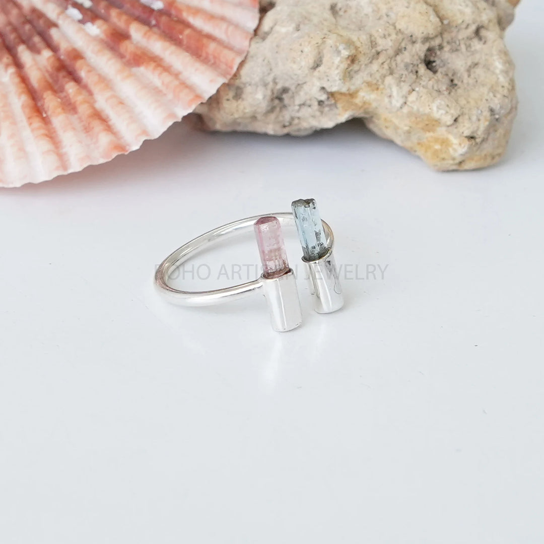 Raw Pink Tourmaline Bar Ring, Aquamarine Pencil Ring, Sterling Silver, Two Stick Adjustable Ring, March Birthstone Jewelry, Raw Crystal Ring