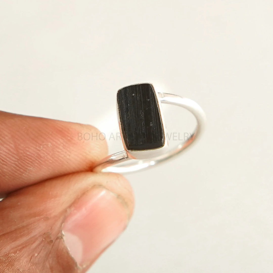 Raw Black Tourmaline Ring: Sterling Silver Bezel Set, Handmade Boho Jewelry