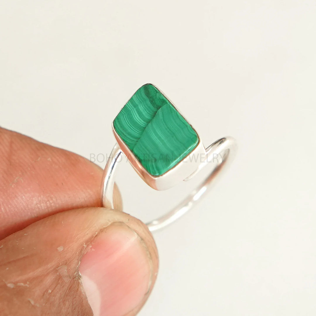 Malachite Sterling Silver Ring: Polished Slice, Twisted Band, Boho Jewelry