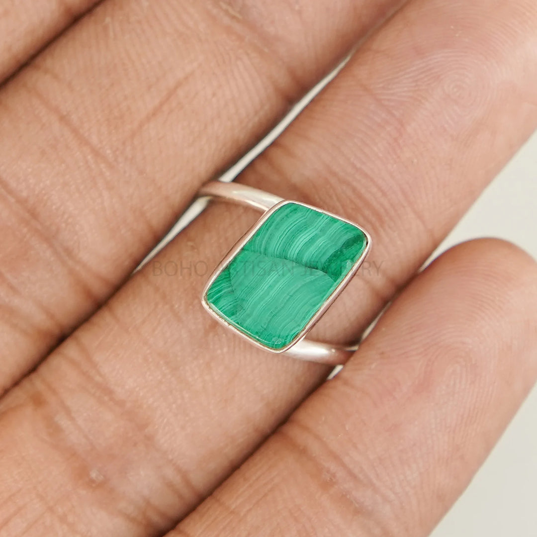 Malachite Sterling Silver Ring: Polished Slice, Twisted Band, Boho Jewelry