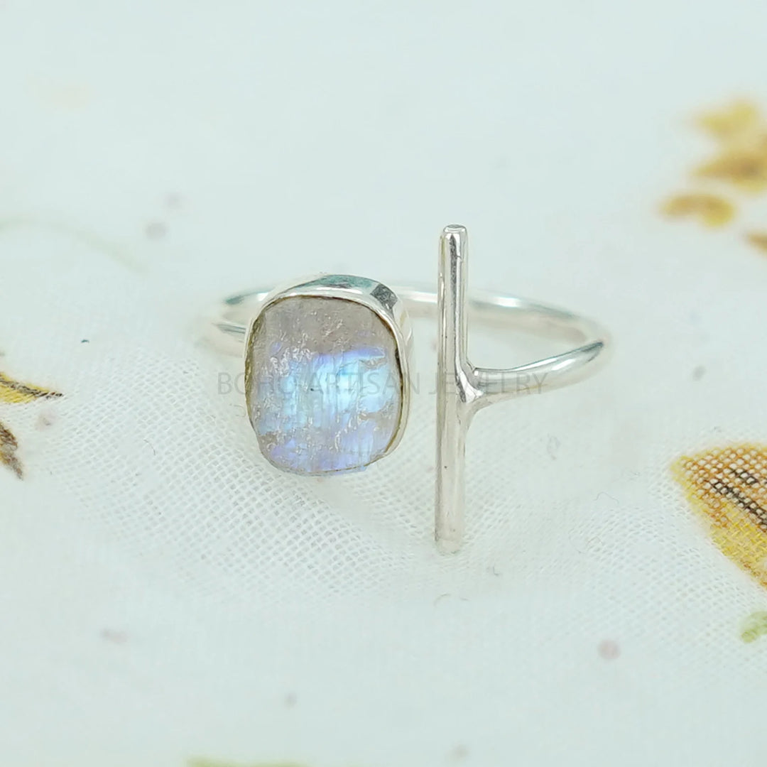 Raw Moonstone Bar Ring: Sterling Silver Handmade Jewelry