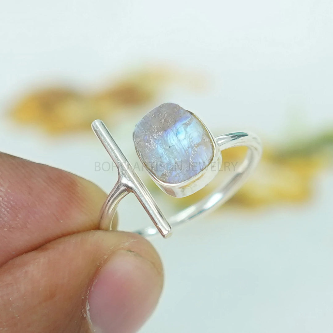 Raw Moonstone Bar Ring: Sterling Silver Handmade Jewelry