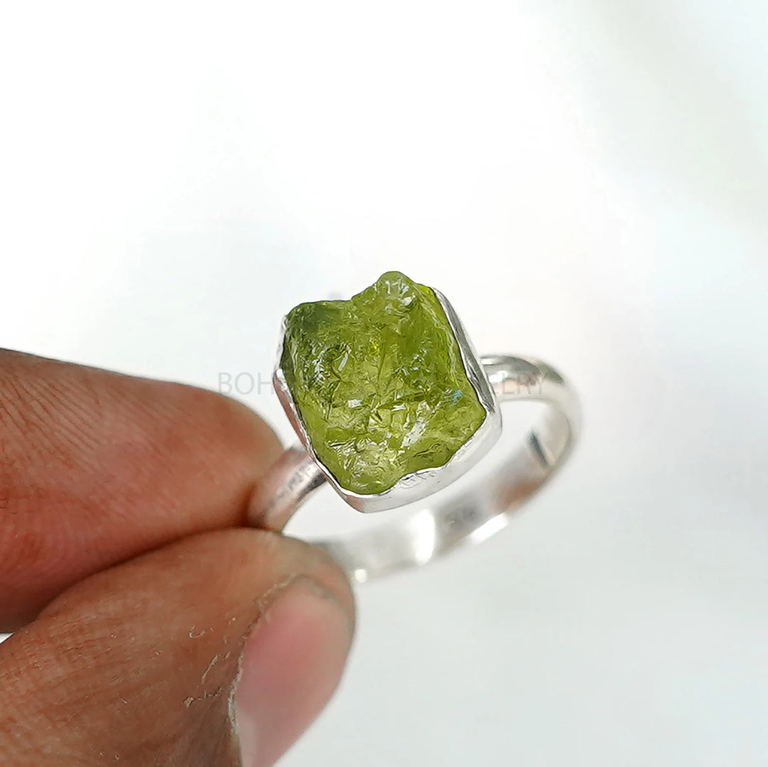 Raw Peridot Sterling Silver Ring: Boho Stacking Band