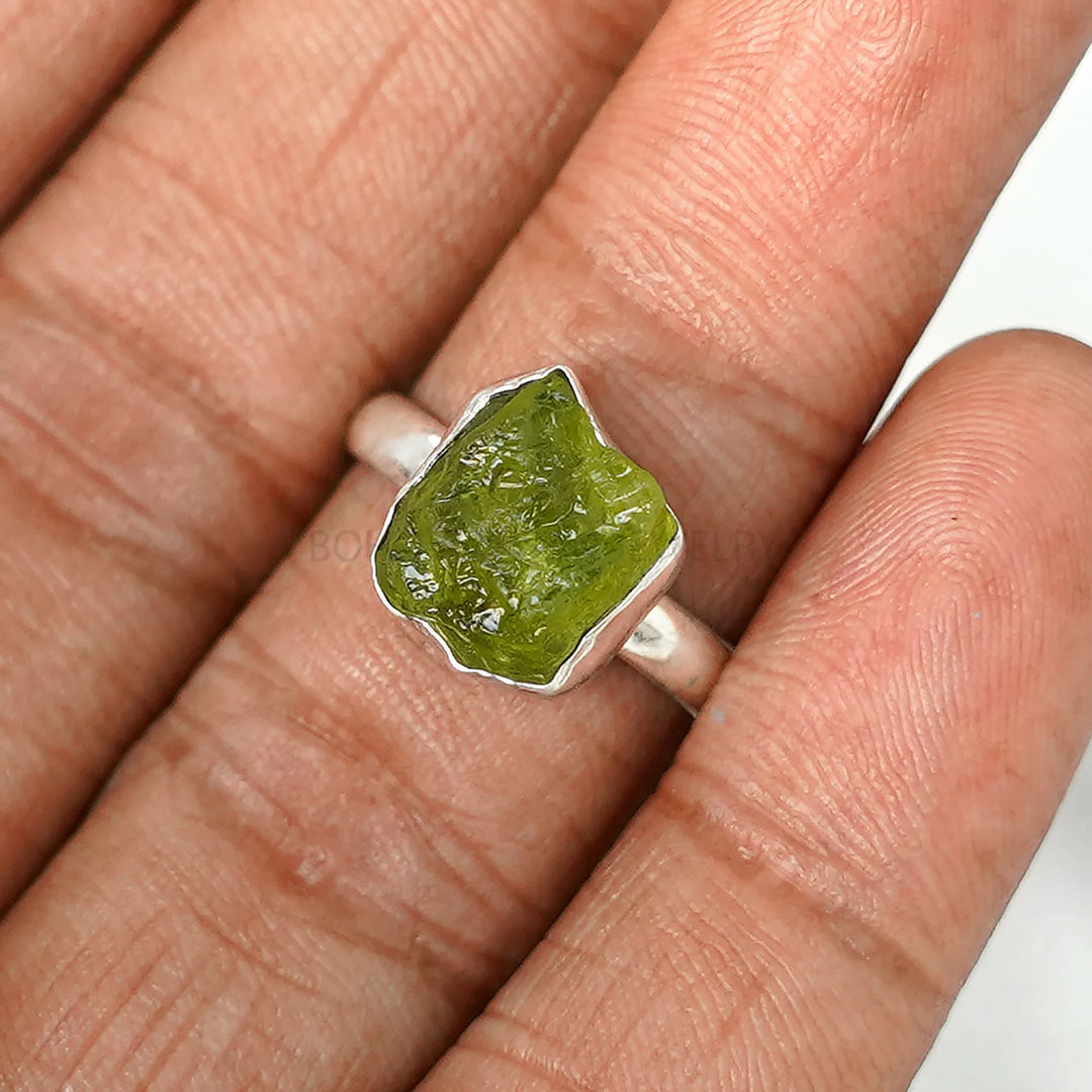 Raw Peridot Sterling Silver Ring: Boho Stacking Band