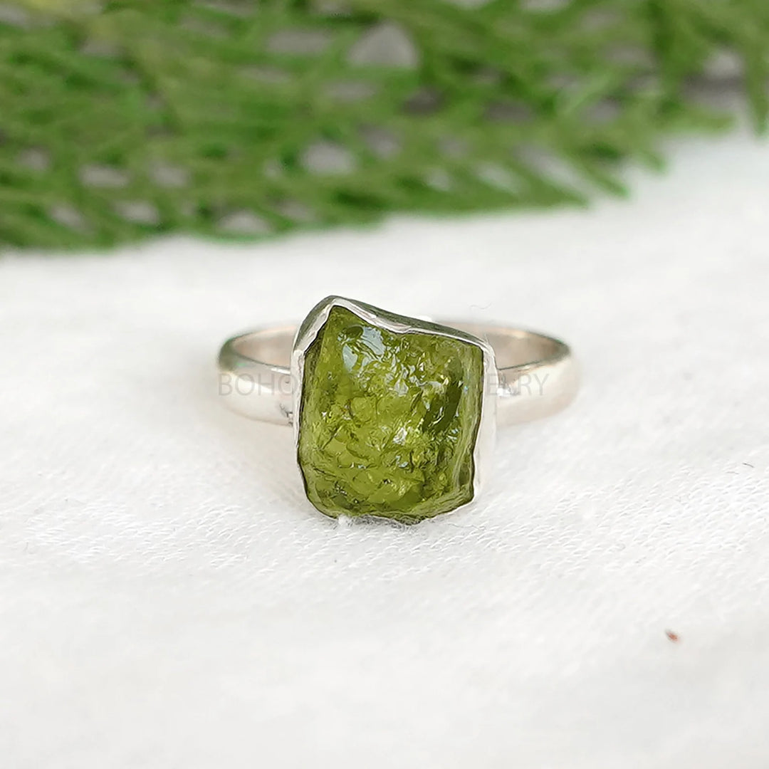 Raw Peridot Sterling Silver Ring: Boho Stacking Band