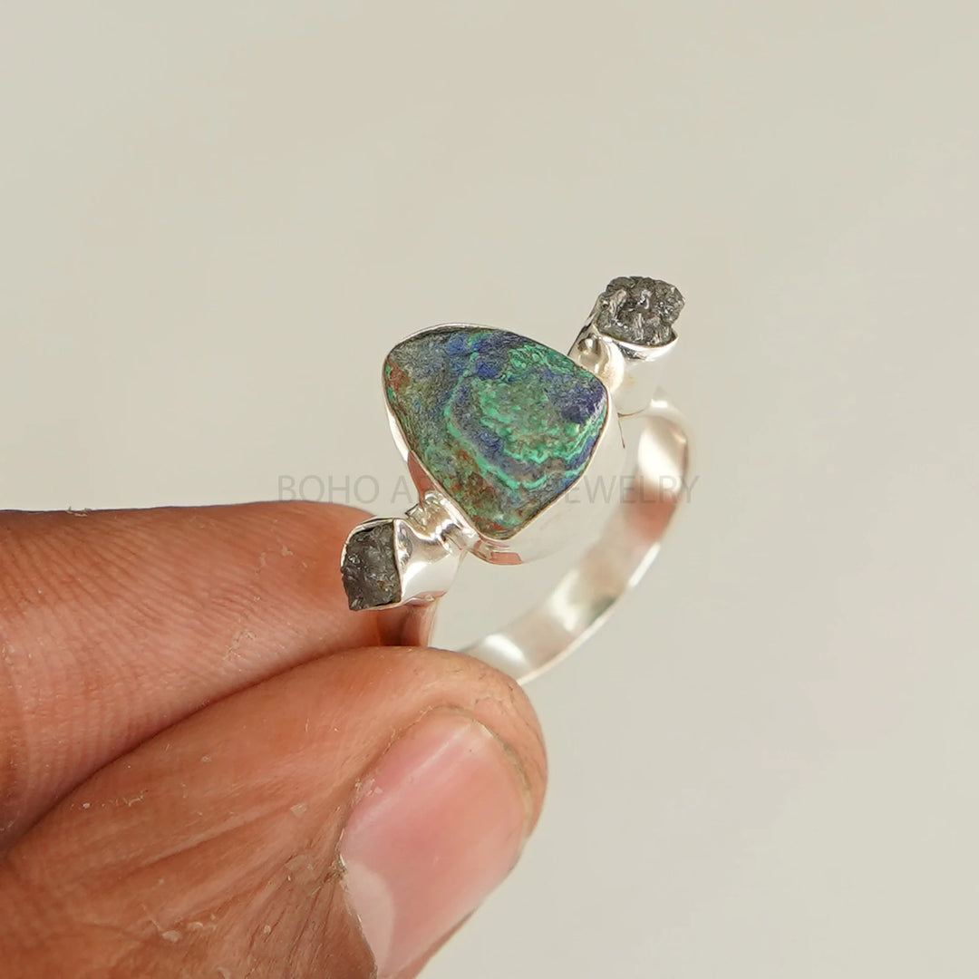 Raw Azurite Malachite Sterling Silver Ring: Three Stone Boho Jewelry
