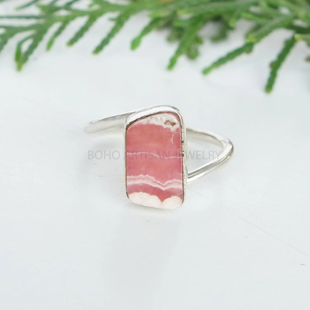 Rhodochrosite Ring: 925 Sterling Silver Twisted Band, Boho Artisan Jewelry