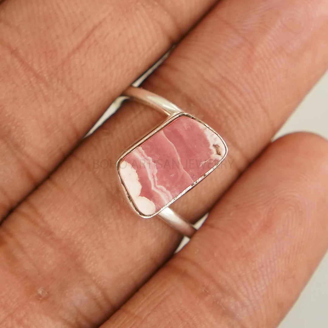 Rhodochrosite Ring: 925 Sterling Silver Twisted Band, Boho Artisan Jewelry