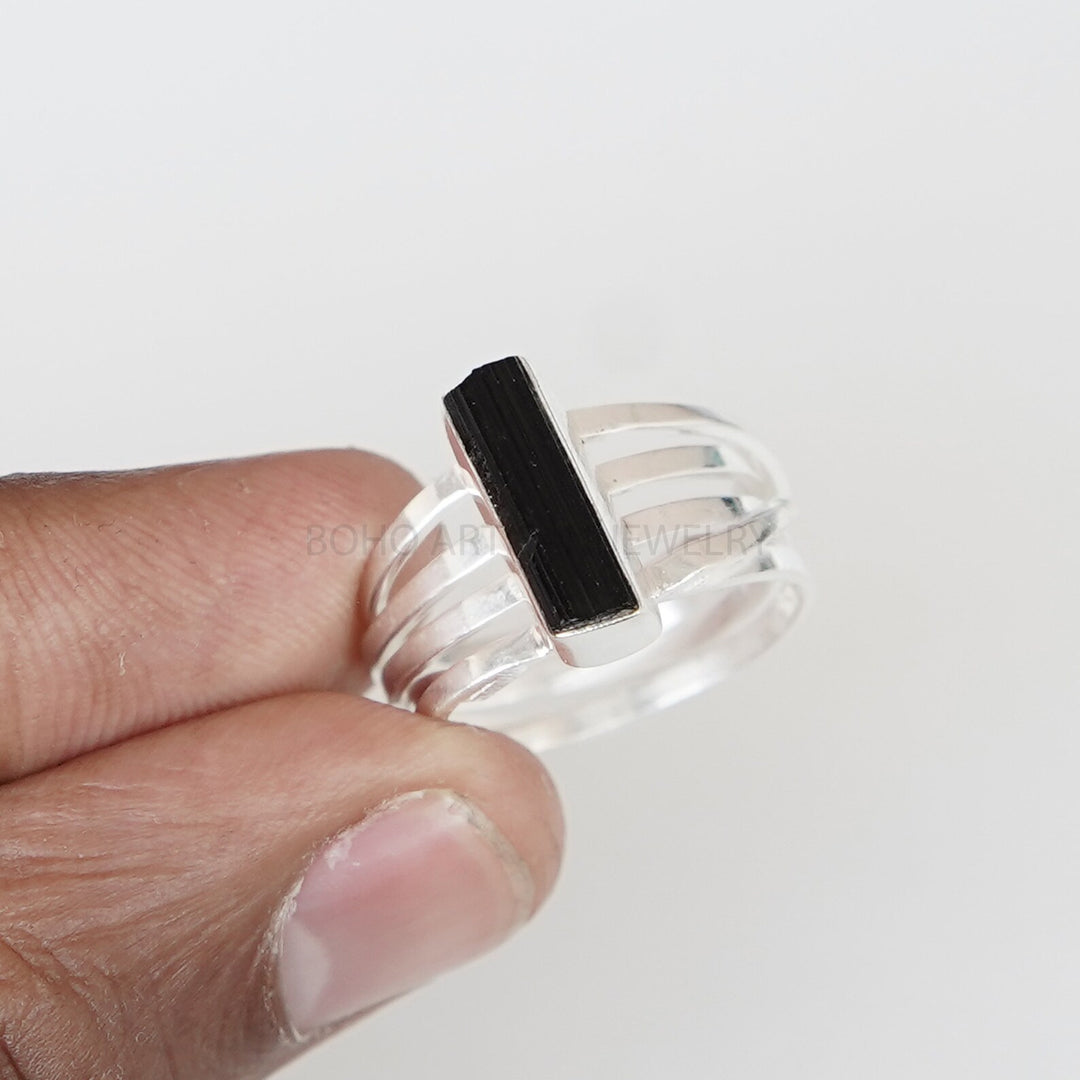 Raw Black Tourmaline Ring: Sterling Silver Boho Jewelry