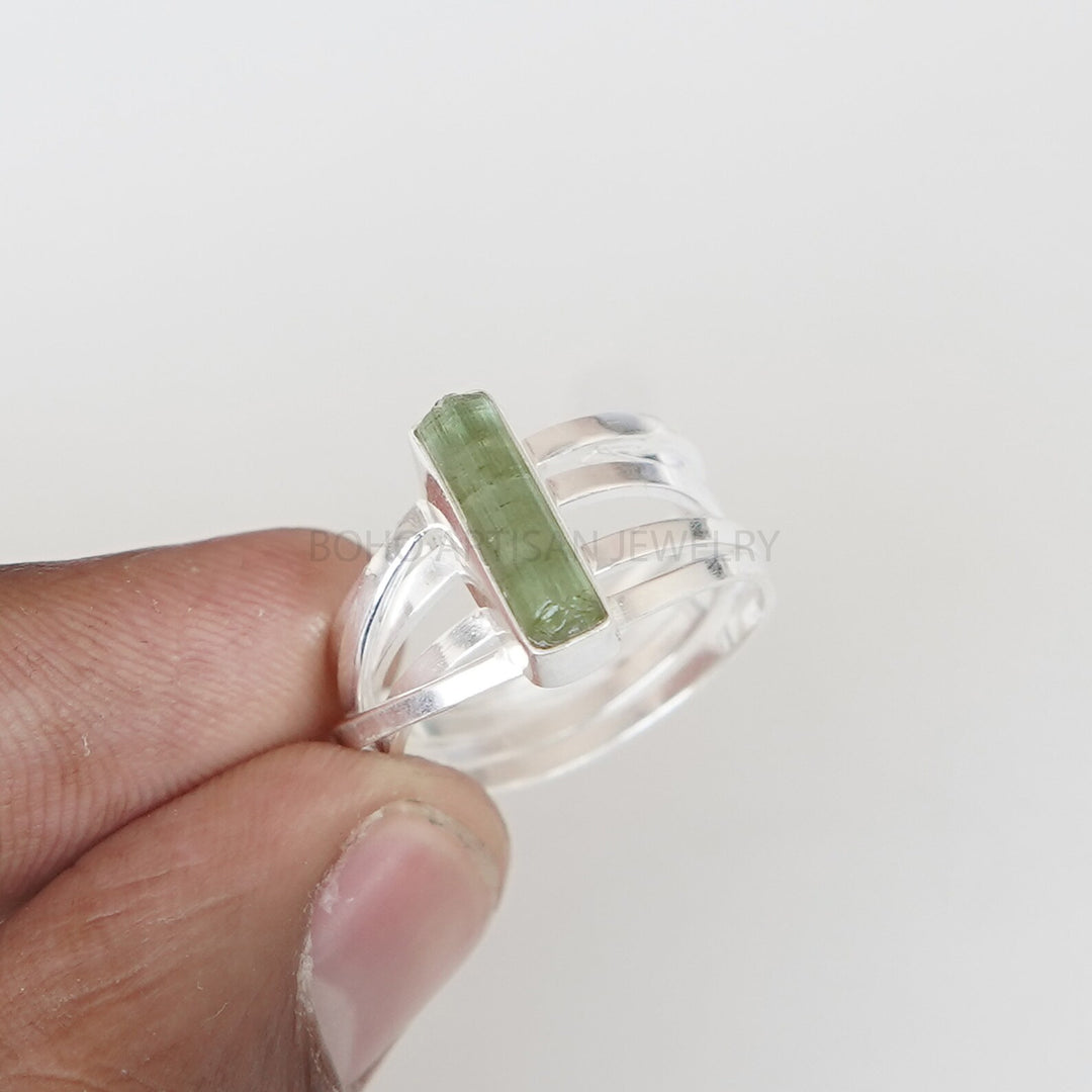 Raw Green Tourmaline Ring: 925 Sterling Silver, Adjustable Boho Ring