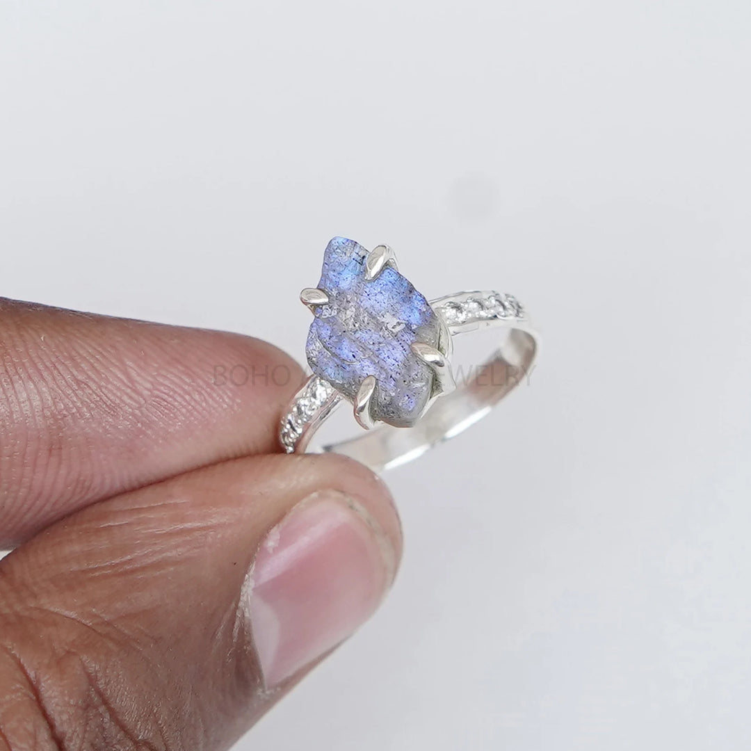 Raw Labradorite Ring: Sterling Silver Boho CZ Ring